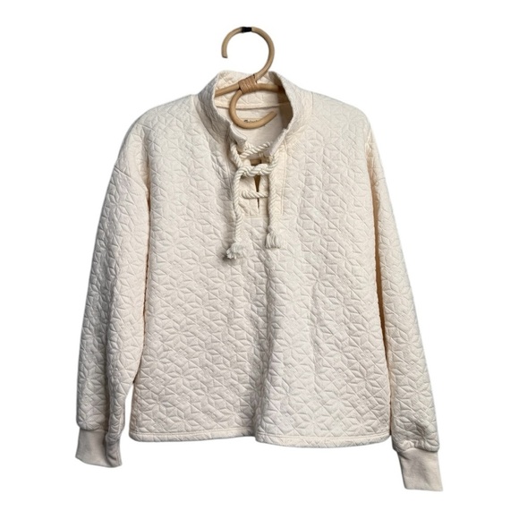 Madewell Quilted Antique Ivory Pullover Sweater N1073 Size Small Lace Tie Front - Picture 2 of 12